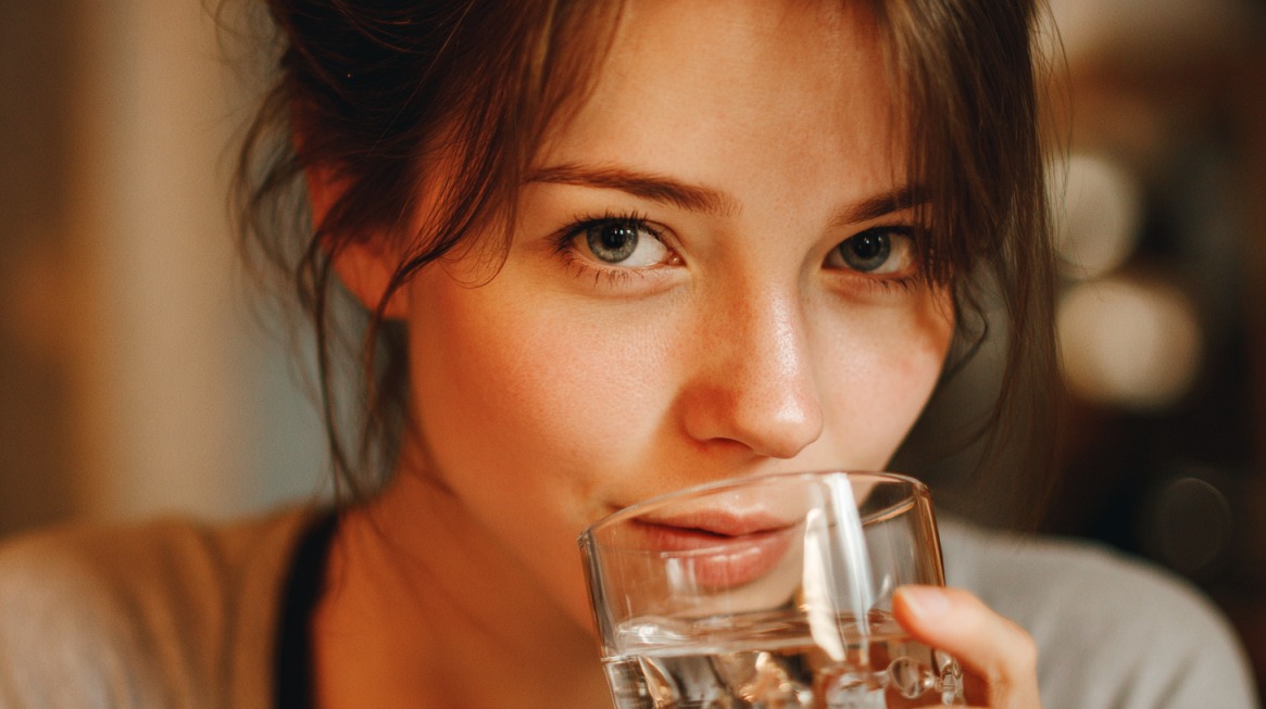 Close-up of a woman holding a glass of water and looking at the camera, symbolizing hydration and wellness