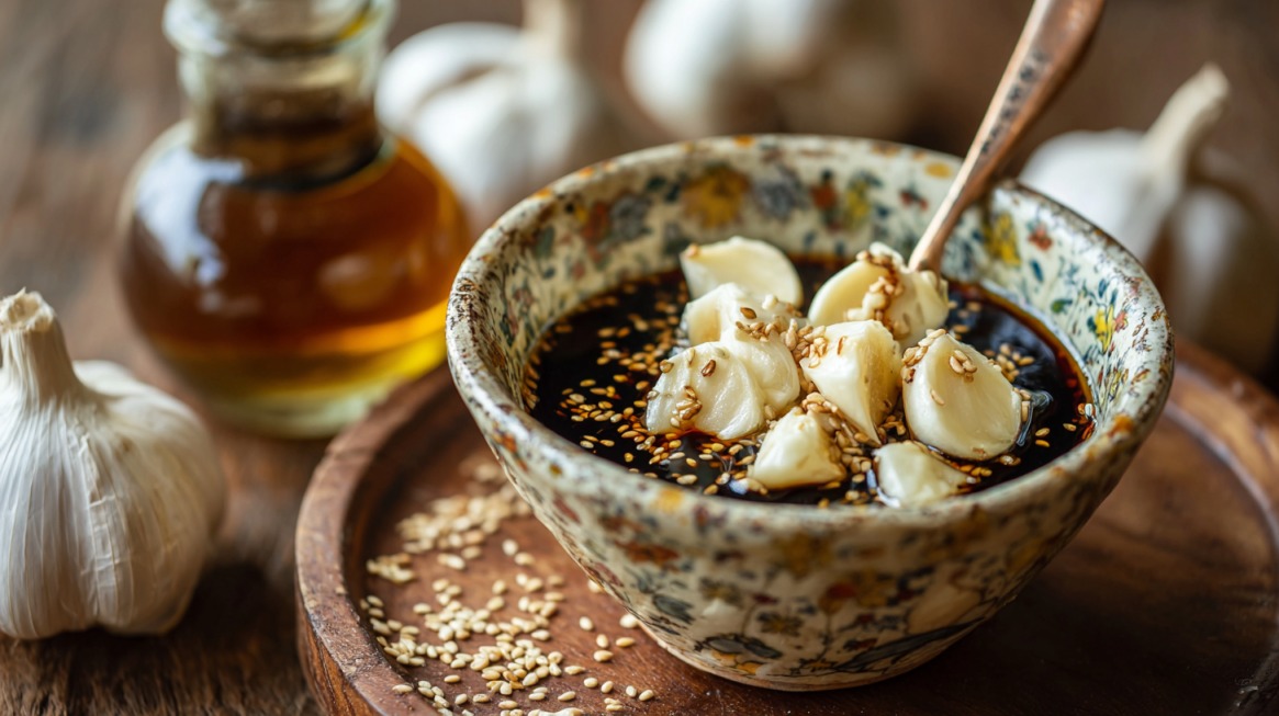 A ceramic bowl filled with soy sauce, garlic cloves, and sesame seeds, with garlic bulbs and a small oil bottle in the background