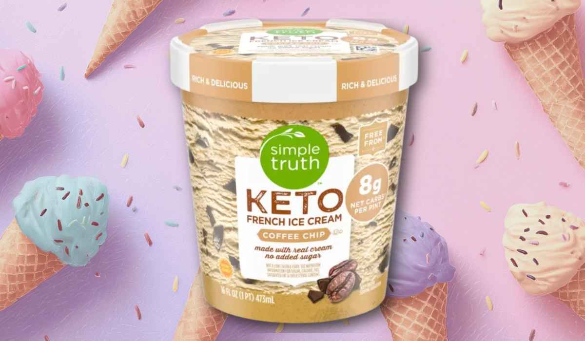 Simple Truth Keto Coffee Chip French ice cream pint with tan and brown packaging on a pastel background with ice cream cones and sprinkles