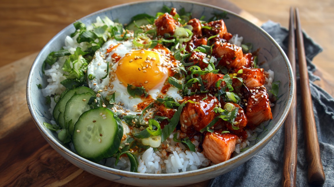 A bowl of rice topped with spicy glazed salmon cubes, a sunny-side-up egg, sliced cucumbers, chopped green onions, and sesame seeds