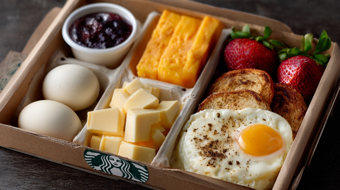 Starbucks Eggs & Cheddar Protein Box featuring hard-boiled eggs, cheddar cheese, bread slices, strawberries, jam, and a fried egg in a cardboard tray