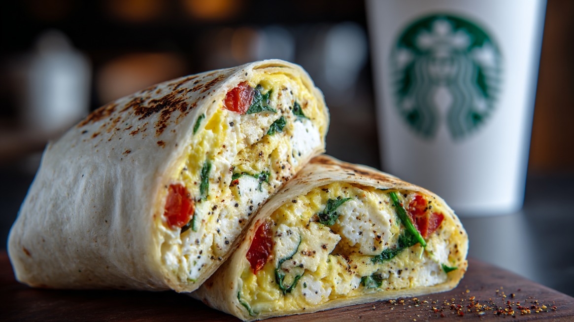 Close-up of a Starbucks Spinach, Feta & Egg White Wrap cut in half, showing egg whites, spinach, feta, and tomato, with a Starbucks cup in the background