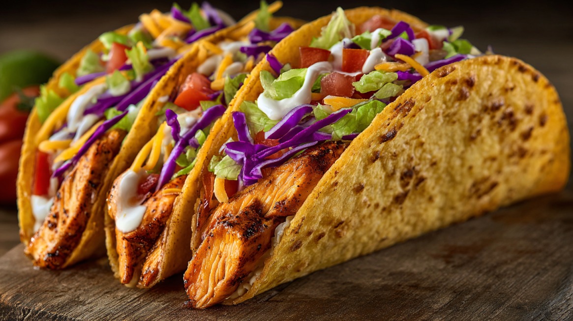 Close-up of Taco Bell’s Grilled Chicken Soft Taco Supreme with seasoned chicken, lettuce, tomato, shredded cheese, purple cabbage, and sour cream in a soft taco shell