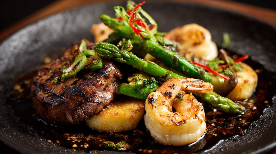 Close-up of a teppanyaki-style meal with seared steak, shrimp, asparagus, and potato slices, garnished with sliced chili and green onions on a dark plate