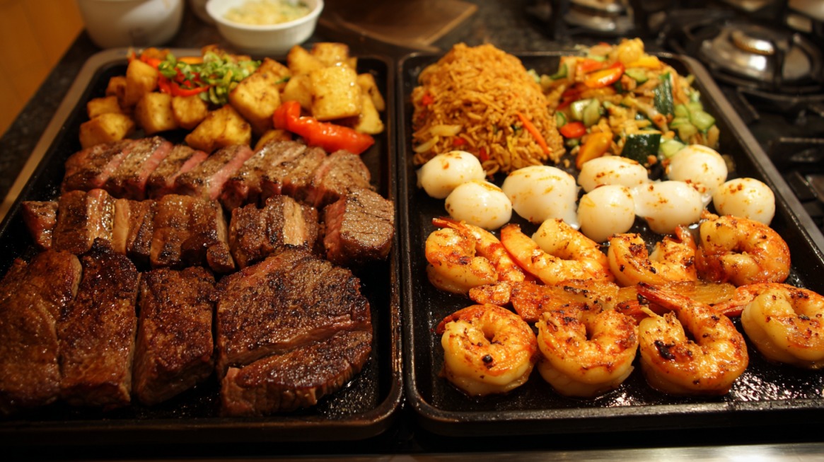 Close-up of a teppanyaki-style grill with seared steak, shrimp, scallops, fried rice, potatoes, and stir-fried vegetables arranged on two hot plates