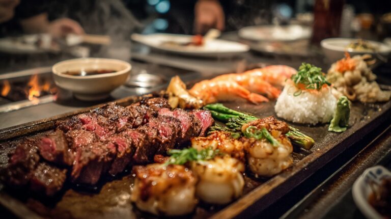 Close-up of steak, shrimp, scallops, asparagus, and rice cooking on a hot iron grill in a Japanese restaurant, with dipping sauces in the background