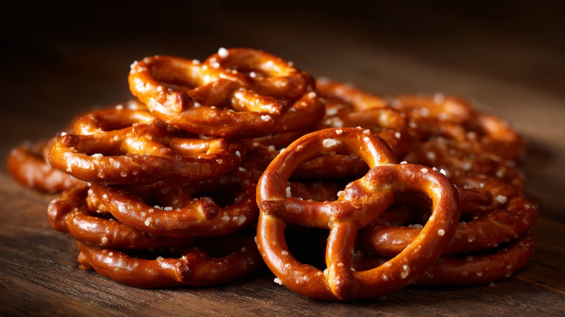 Close-up of a pile of small salted pretzels stacked on a wooden surface, showing their shiny brown crust and coarse salt grains