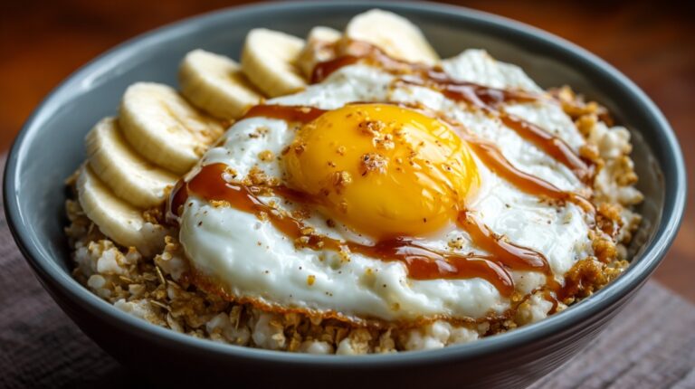 Bowl of oatmeal topped with banana slices, a sunny-side-up egg, and sauce drizzle on a wooden table