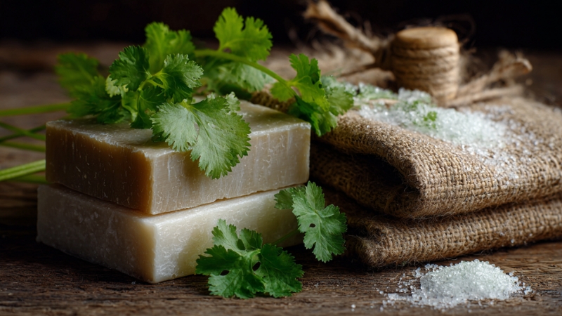 Fresh cilantro leaves placed on handmade soap bars