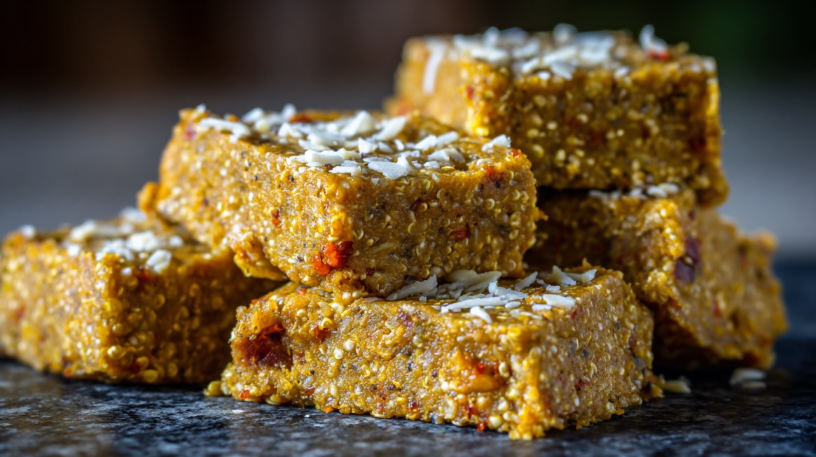 Stack of homemade tropical quinoa and chickpea protein bars topped with shredded coconut on a dark surface
