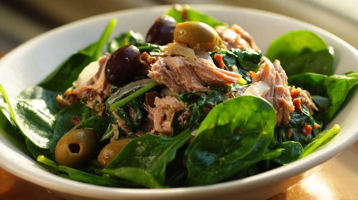 Bowl of spinach salad topped with tuna chunks, green and black olives, and diced vegetables, served in natural light