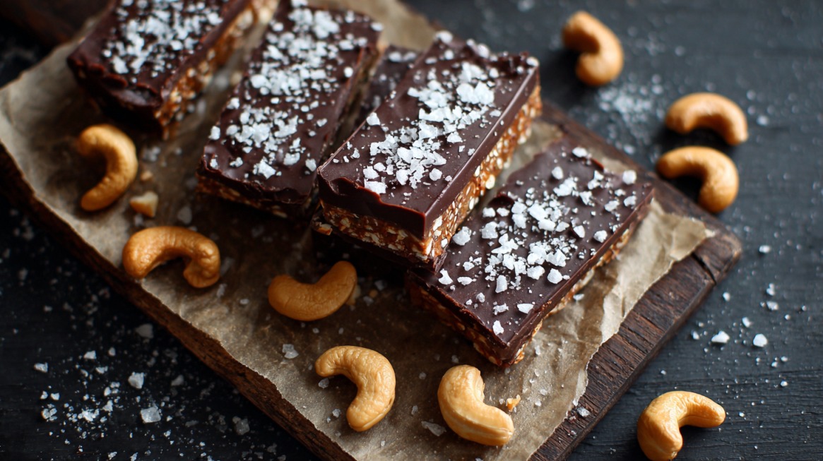 Homemade vegan chocolate cashew bars topped with flaky sea salt on parchment paper with cashews scattered around.