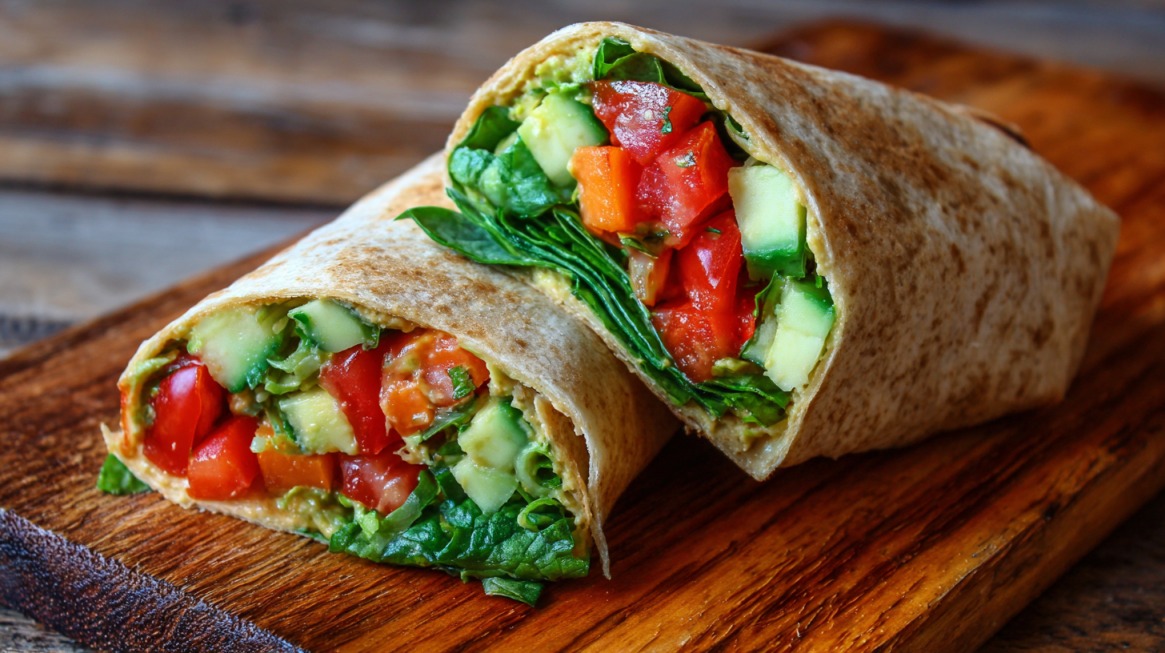 Whole grain wrap cut in half, filled with hummus, spinach, cucumber, and diced red bell peppers on a wooden board