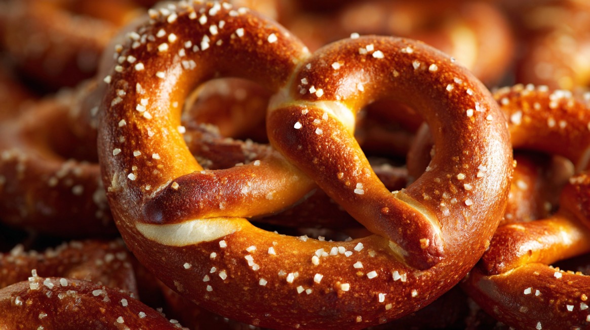 Close-up of a freshly baked soft pretzel topped with coarse salt, showing its golden-brown crust and twisted shape