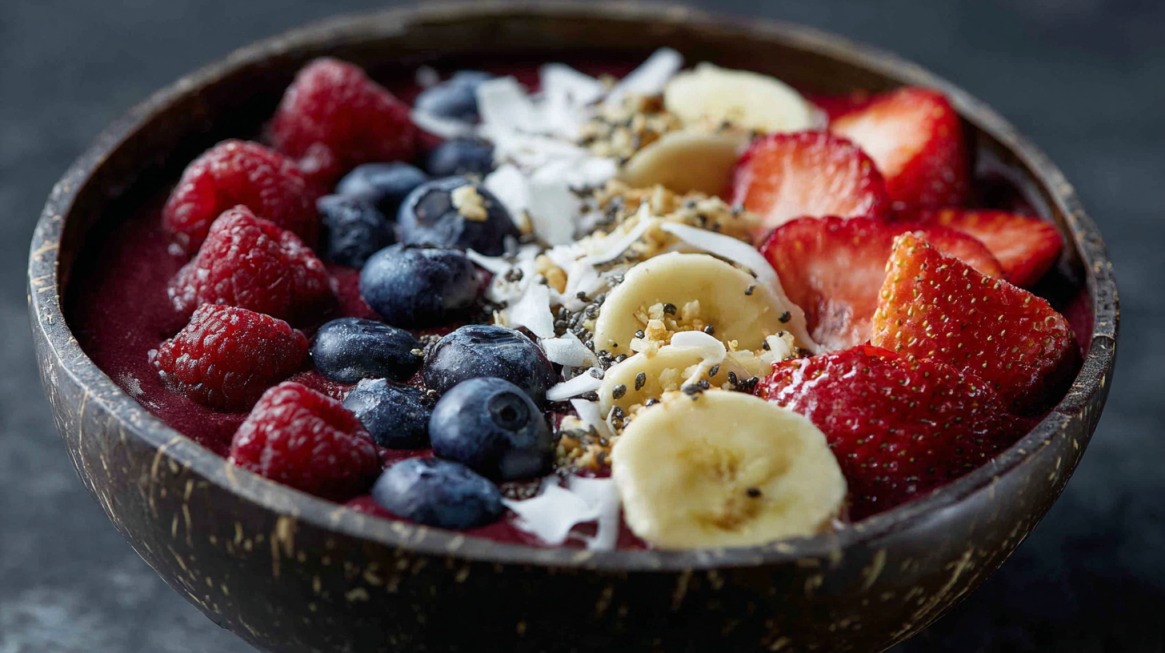 Close-up of an açaí bowl topped with blueberries, raspberries, bananas, strawberries, shredded coconut, chia seeds, and granola