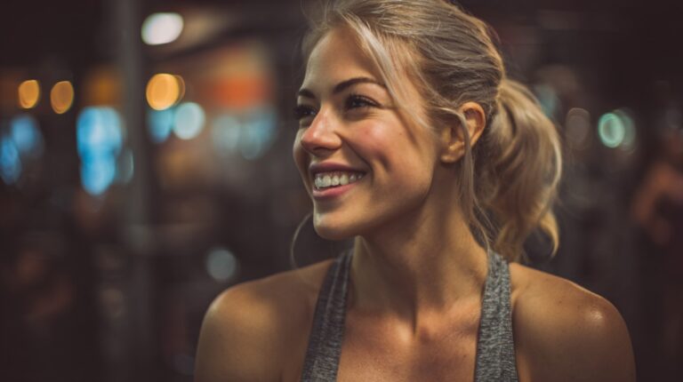 Smiling woman at the gym after a workout, representing motivation and consistency in the 75 Soft Challenge