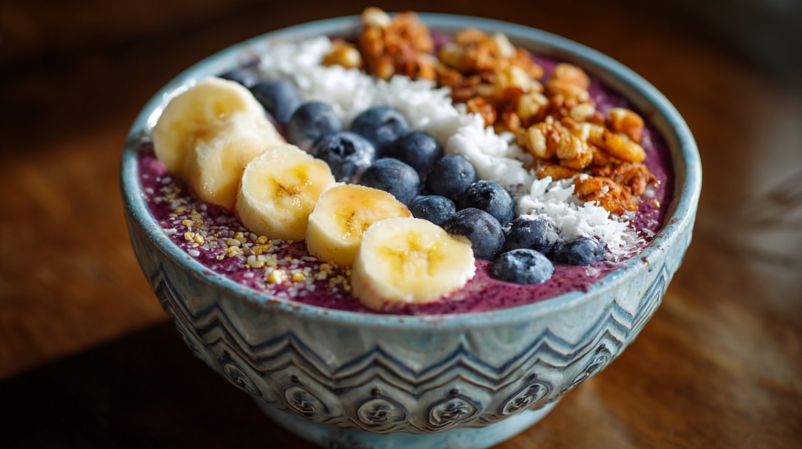 Açaí bowl topped with sliced bananas, blueberries, shredded coconut, and granola in a decorative ceramic bowl
