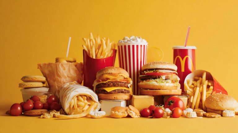 Assorted fast-food items including burgers, fries, drinks, popcorn, and wraps displayed against a bright yellow background