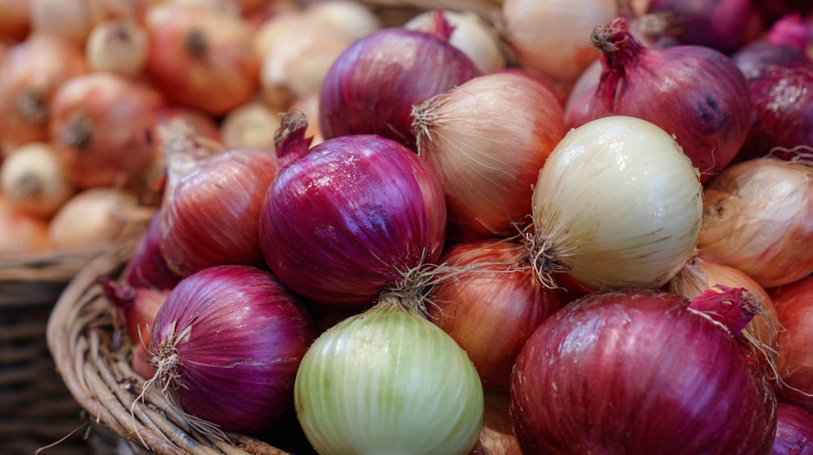 A close-up of shallots and onions in baskets at a market, showing their different sizes and colors, highlighting how each is suited for different culinary uses