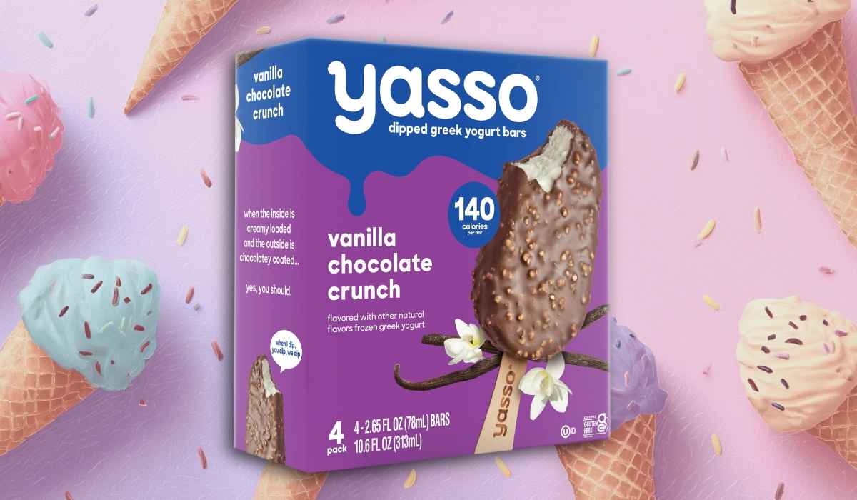 Yasso Vanilla Chocolate Crunch dipped Greek yogurt bars box with purple and blue packaging on a pastel background decorated with colorful ice cream cones and sprinkles