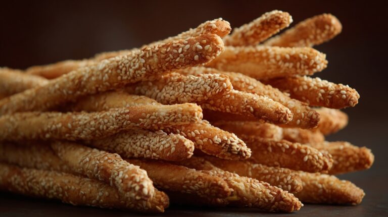 A stack of golden sesame sticks covered in sesame seeds
