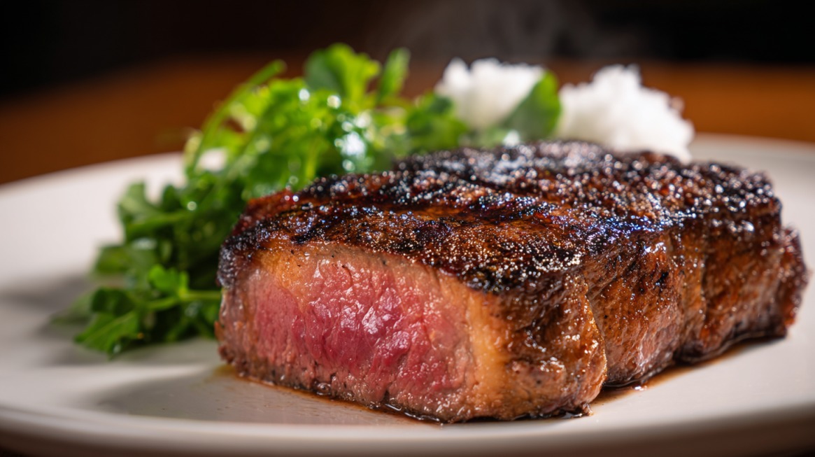 A cooked steak with a seared crust served on a plate with greens