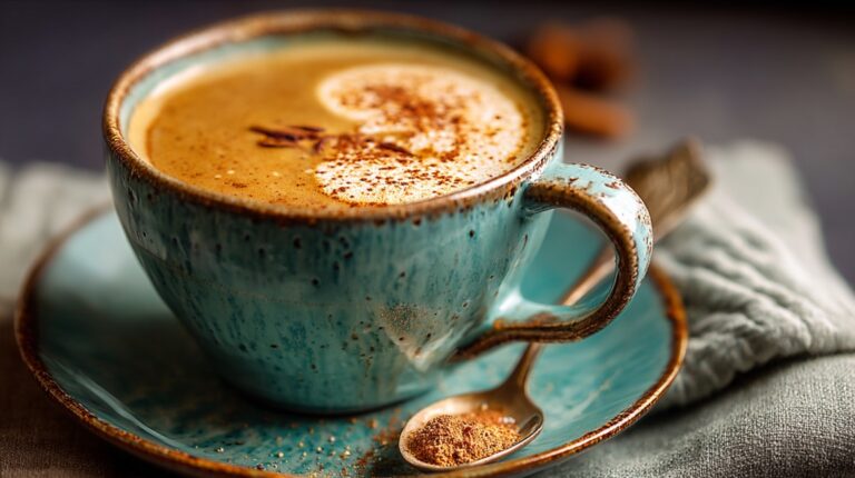 A blue ceramic cup filled with frothy spiced coffee, with a spoonful of spice on the saucer
