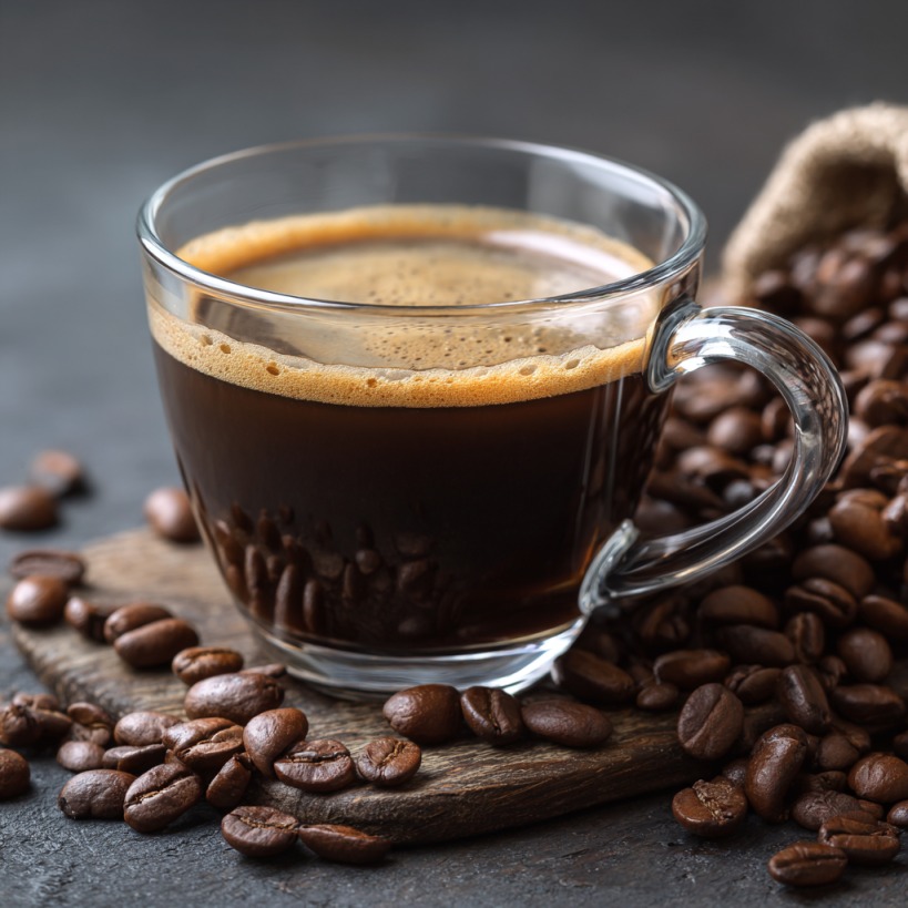 A glass cup of hot black coffee with foam on top, sitting among scattered coffee beans