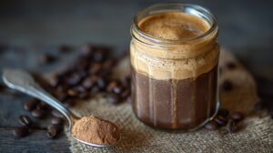 A jar of frothy coffee with a spoonful of coffee powder and scattered coffee beans