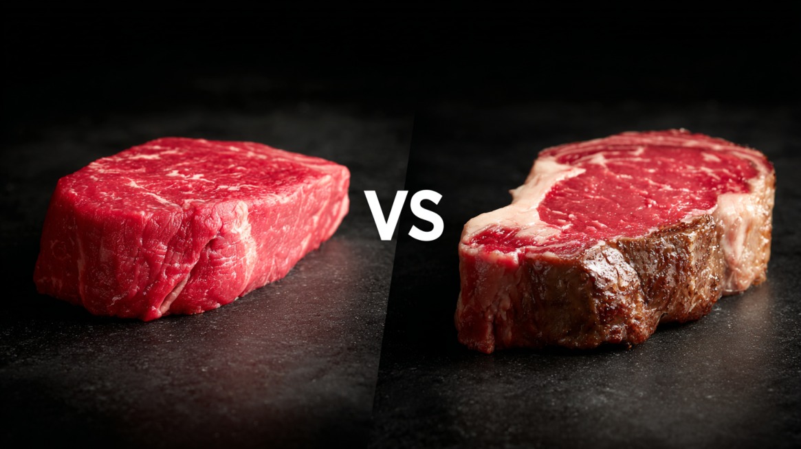 Two raw beef steaks side by side showing different marbling and texture