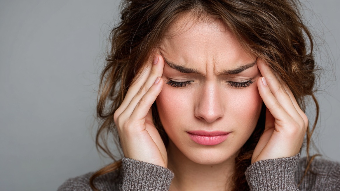 Woman holding her temples with a pained expression from a headache