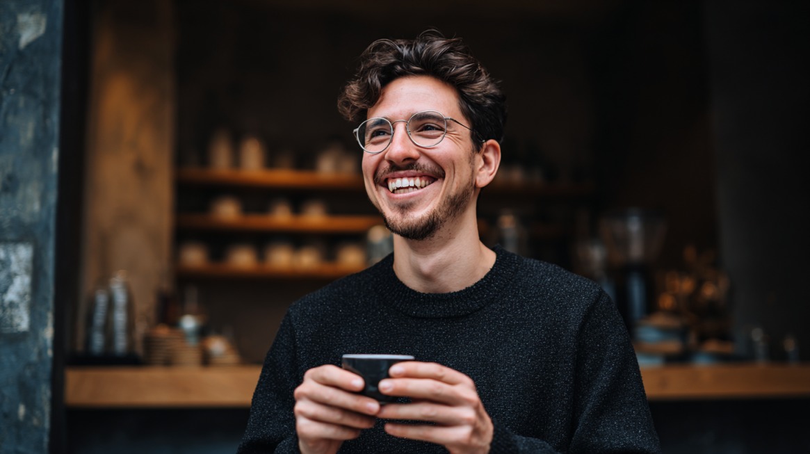 Smiling person holding a cup of espresso in a cozy café