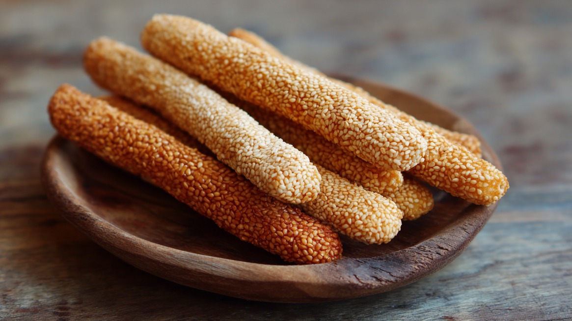 Sesame sticks arranged on a small wooden plate