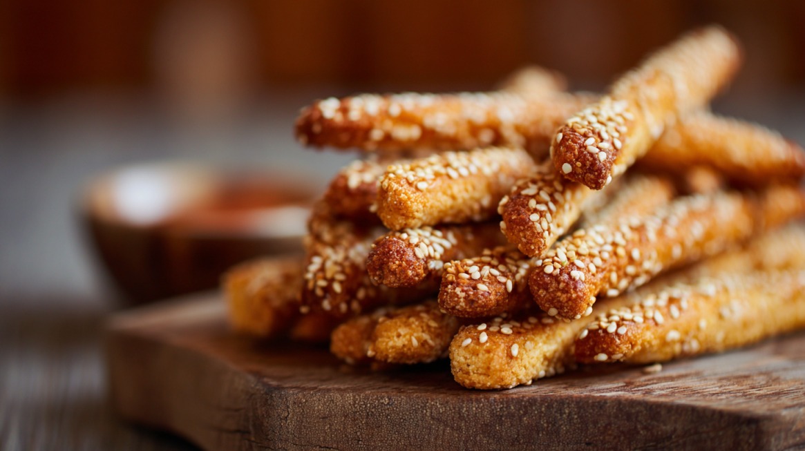 Sesame sticks stacked on a wooden board with a dipping sauce in the background