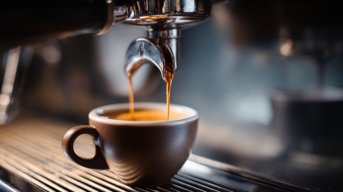 Close-up of espresso flowing from a machine into a small cup