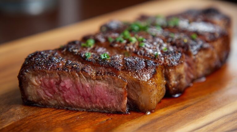 Juicy sliced steak with a browned crust resting on a wooden board