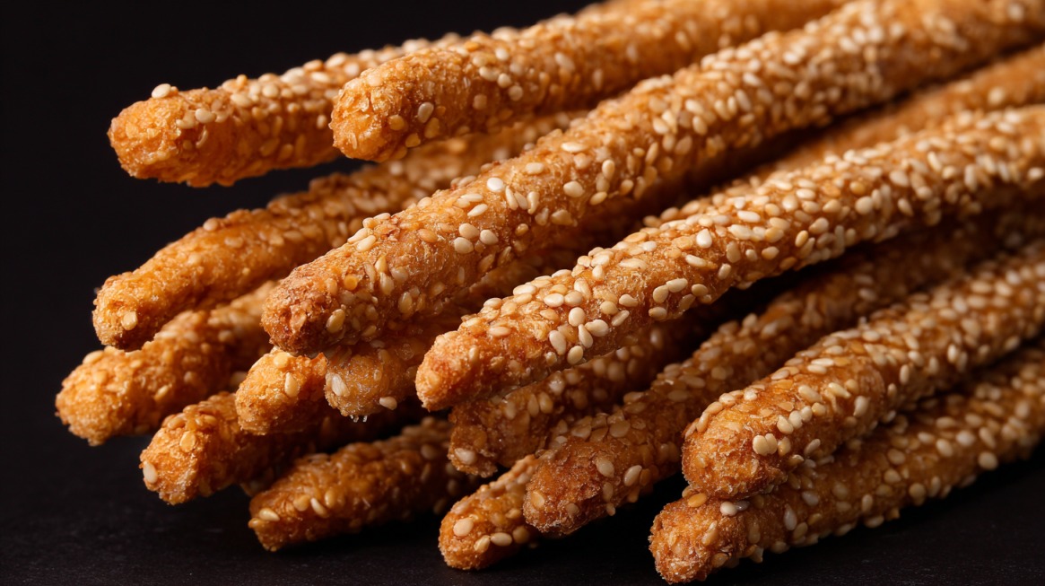 Close-up of crispy sesame sticks coated with sesame seeds