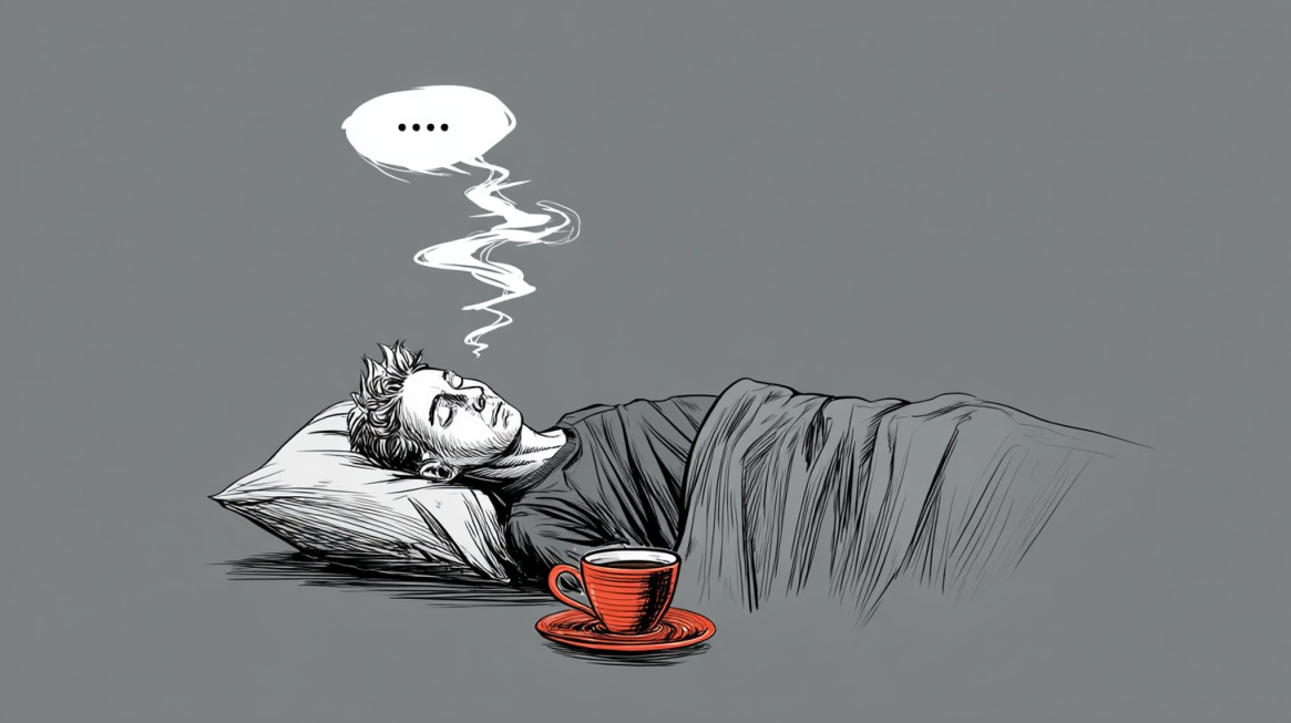 Illustration of a person trying to sleep with a cup of coffee beside them