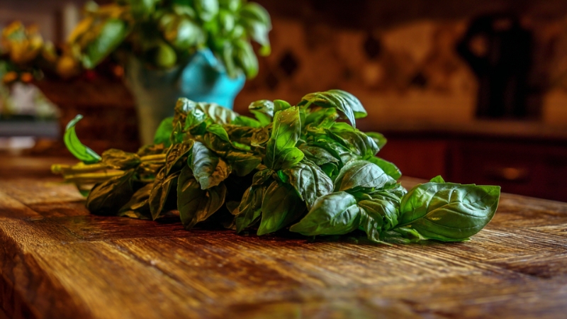 Fresh basil leaves resting on a wooden counter at room temperature