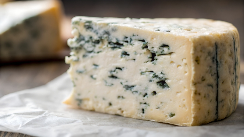 A wedge of blue cheese wrapped separately shows why isolation prevents mold spread