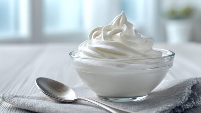 Expired yogurt in a glass bowl on a kitchen counter