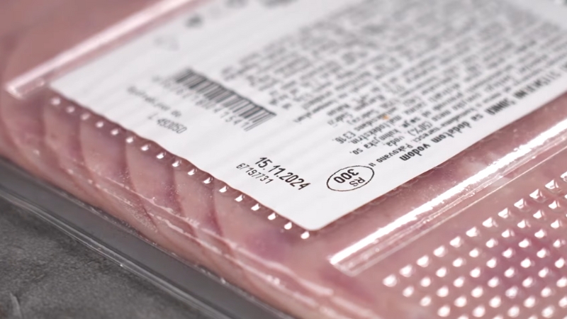 Packaged sliced deli meat with a printed use-by date label on top