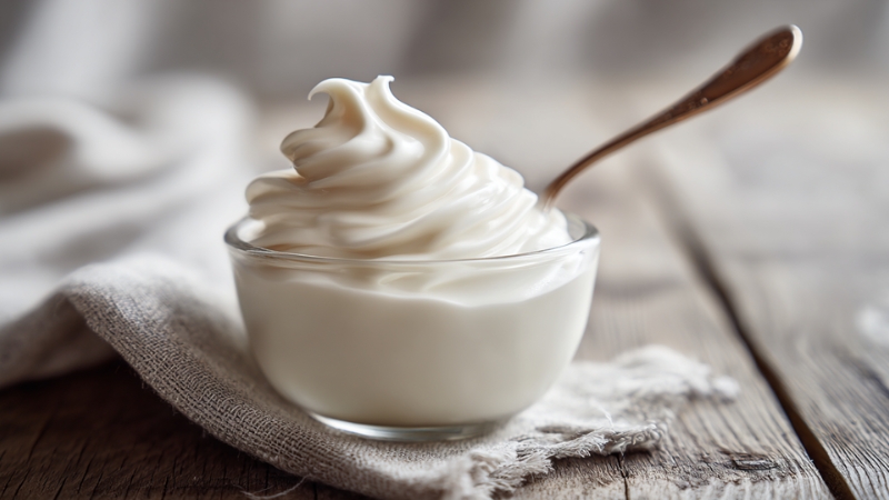 A bowl of yogurt with uneven texture used to show changes that signal spoilage