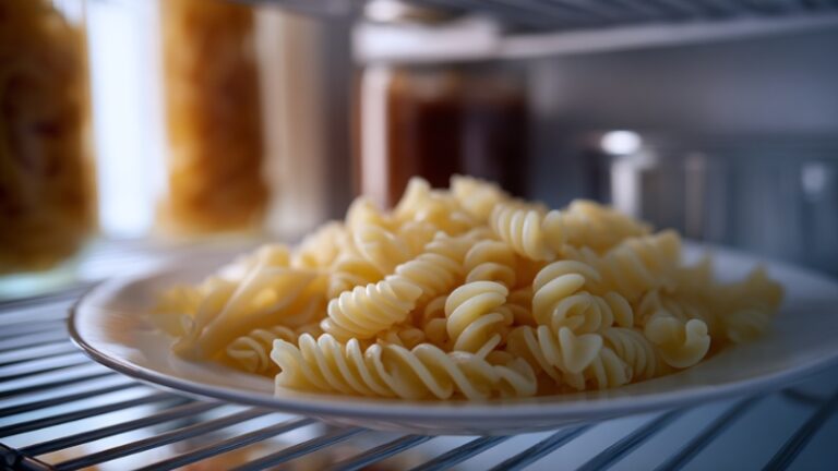 Cooked pasta stored on a plate inside a refrigerator shelf
