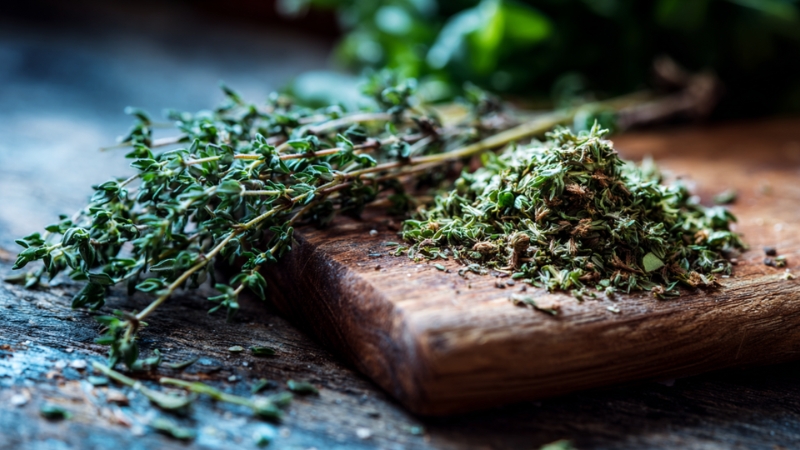 Woody herbs like thyme resting on a cutting board with dried leaves nearby
