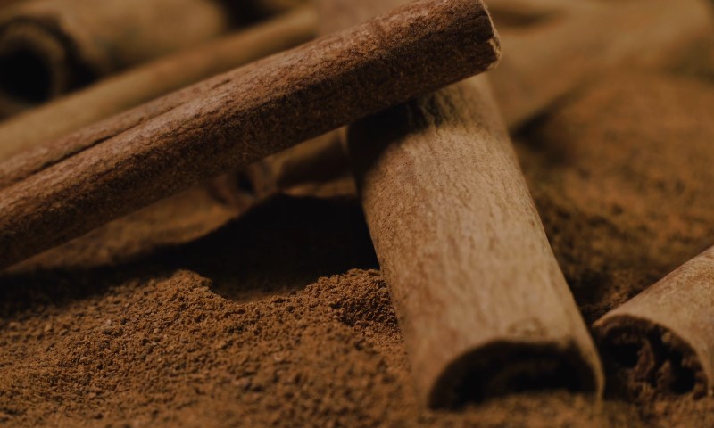 Close-up of cinnamon sticks lying on a bed of ground cinnamon