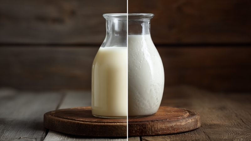 Side by side jars show pasteurized milk next to raw milk with visible texture difference
