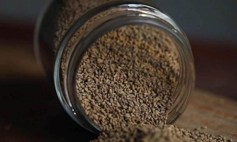 A glass jar tipped over on its side, spilling numerous small, brown seeds onto a wooden surface