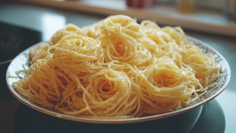 Cooked pasta piled on a plate showing signs of being left out too long