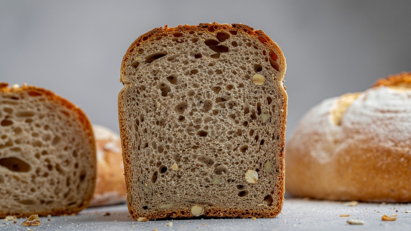 Slice of whole grain seeded bread with visible grains and seeds in the crumb